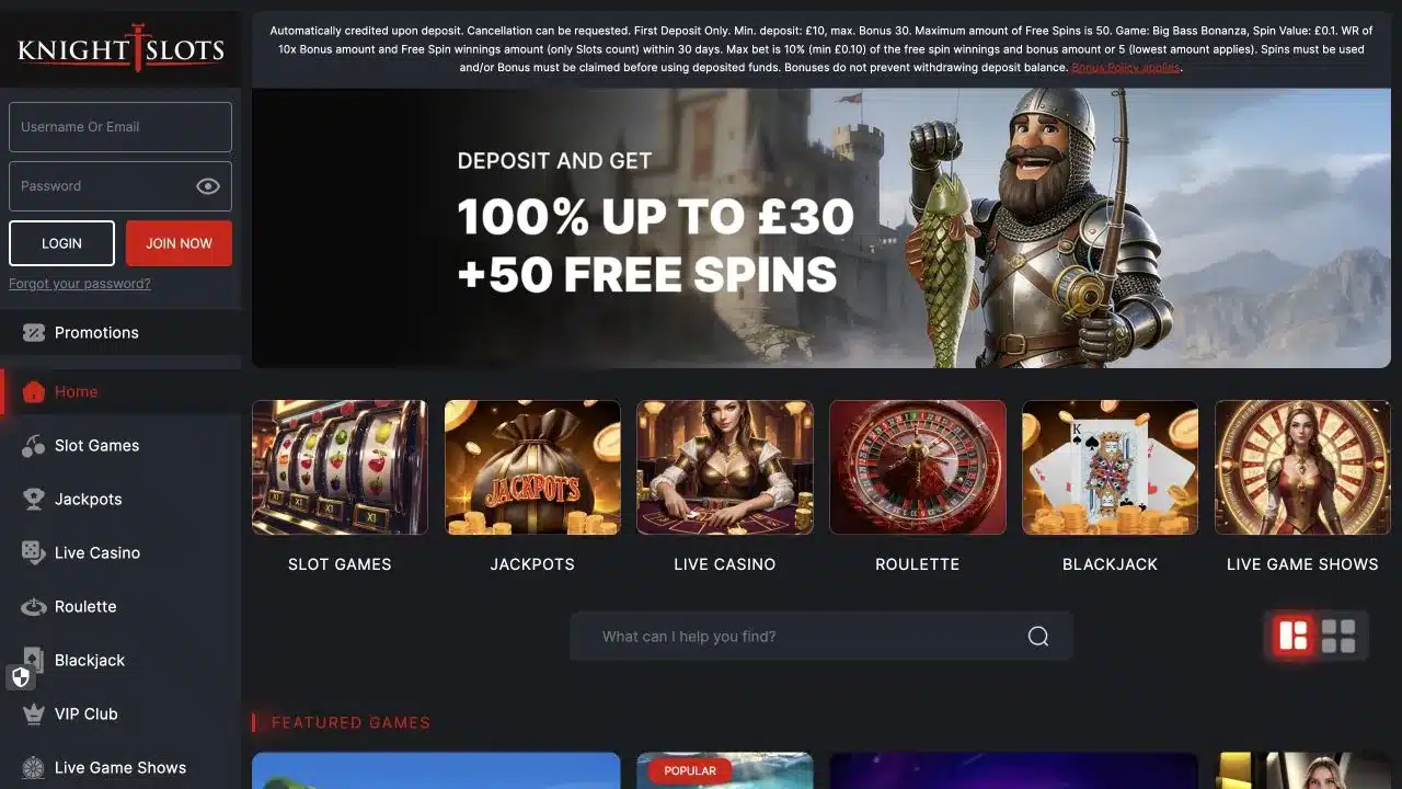 Knight Slots UK homepage showing the current welcome offer and casino lobby