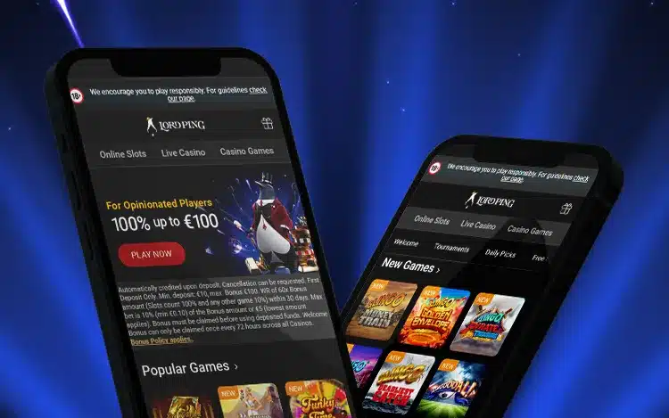 Clean Lord Ping mobile casino interface showing complete navigation, offer panel and game lobby
