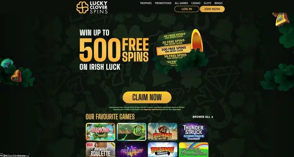 Clean historical Lucky Clover Spins homepage showing the complete logo, login and join buttons and former 500-spin offer without a cookie bar or popup