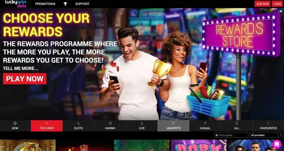 Clean historical Lucky Win Slots homepage with complete logo, navigation, join and login buttons and rewards banner without cookie bars or popups