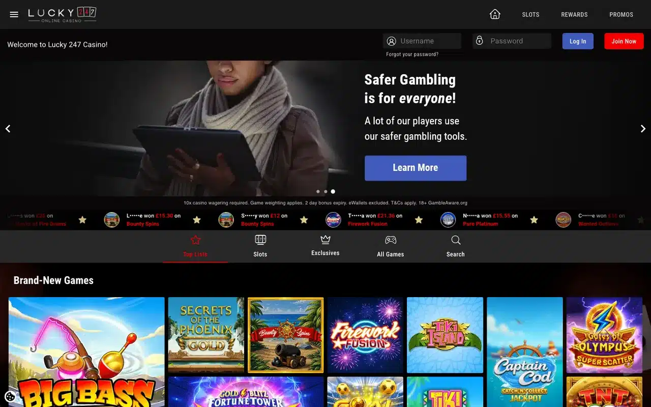 Clean current Lucky247 homepage with full branding, account controls and game lobby