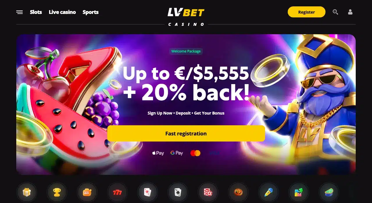 Clean current LV Bet international homepage with complete logo, registration control and welcome package without cookie bars or popups