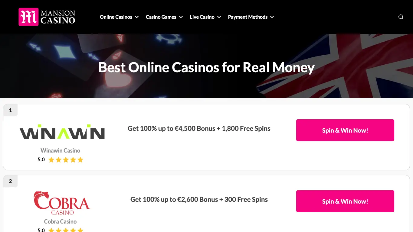 Mansion Casino homepage screenshot