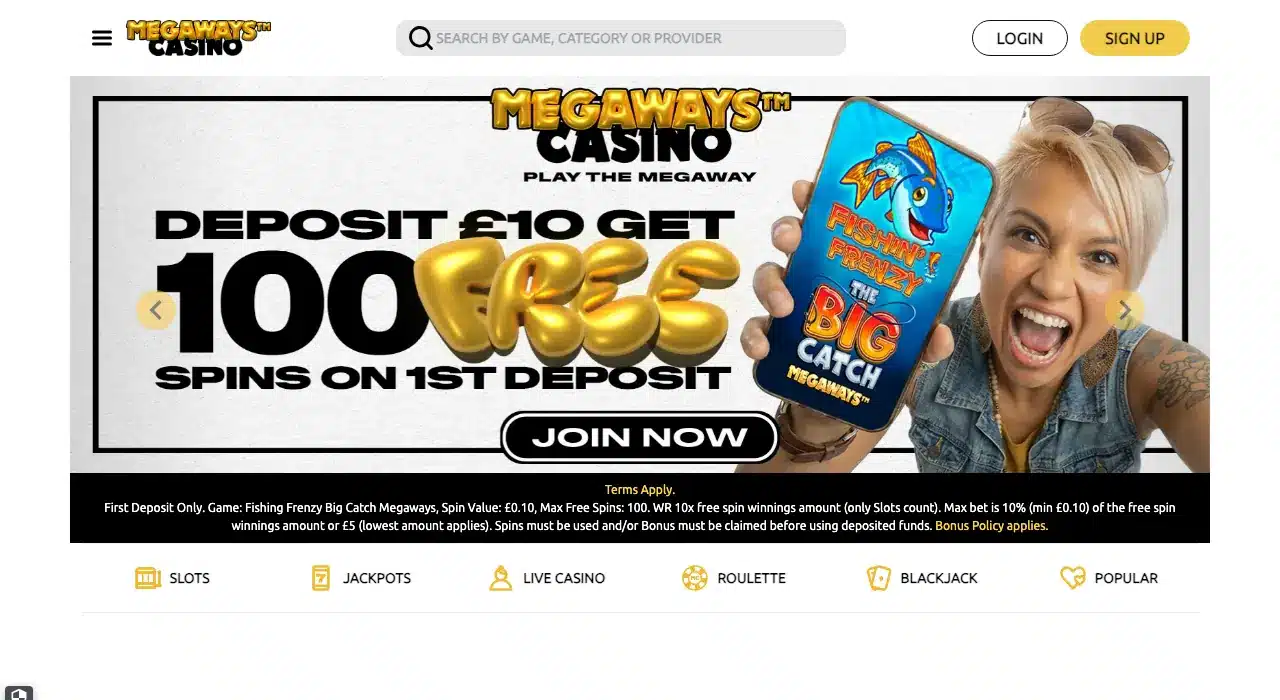 Clean Megaways Casino homepage showing the complete logo, account buttons and current 100 free spins offer