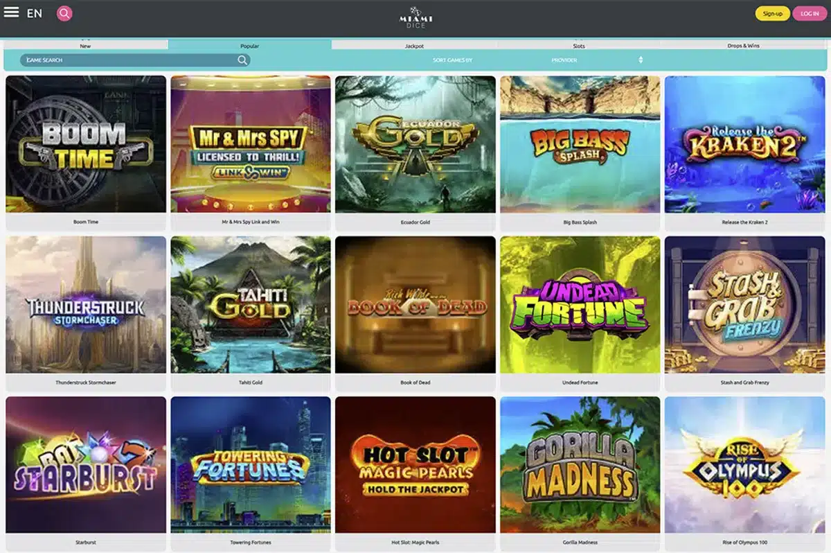 Clean Miami Dice casino games page showing complete navigation, registration controls and slot catalogue