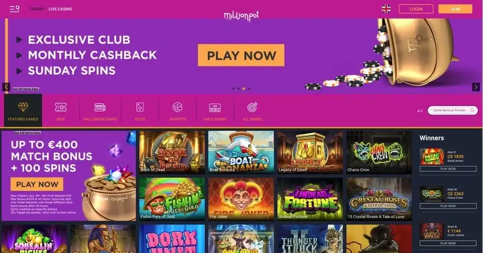 Clean historical Million Pot Casino homepage with complete logo, navigation, login and join buttons and bonus banners without cookie bars or popups