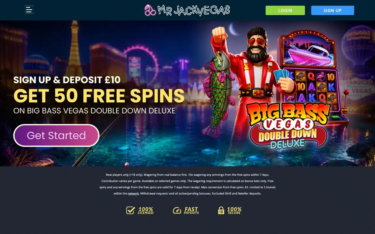 Clean current Mr JackVegas homepage showing complete navigation, offer terms and Sign Up controls