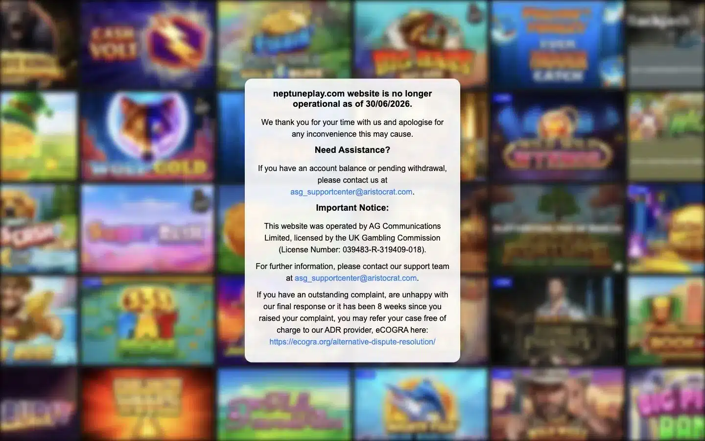 Neptune Play official closure notice dated 30 June 2026