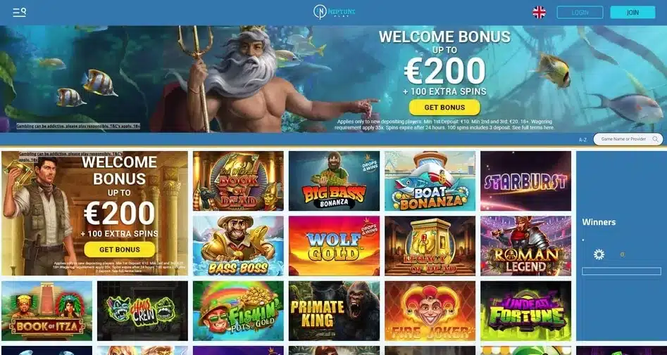 Original Neptune Play homepage with sea-god banner and game tiles