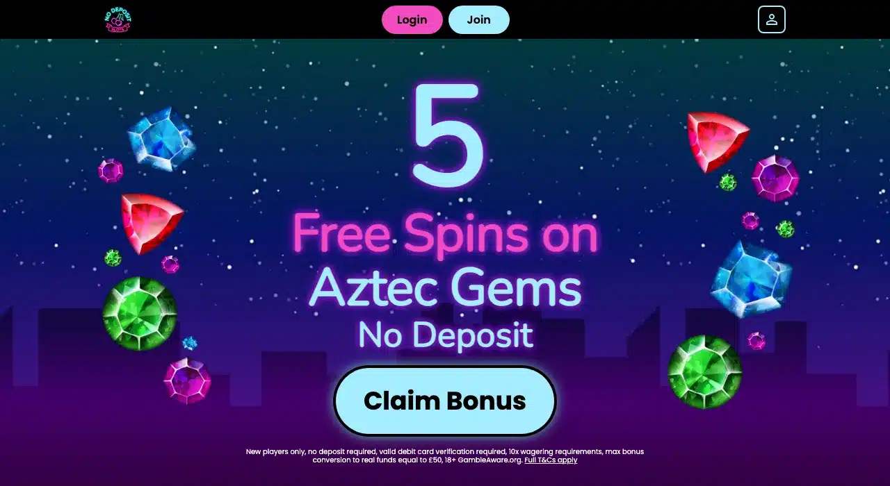 Clean current No Deposit Slots homepage showing the complete logo, login and join buttons and five-spin Aztec Gems offer without a cookie bar or popup