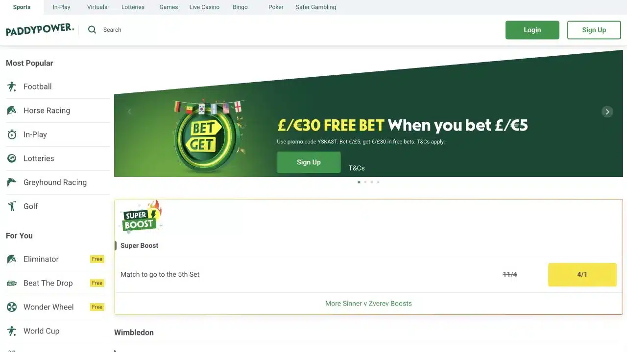 Paddy Power live sportsbook homepage