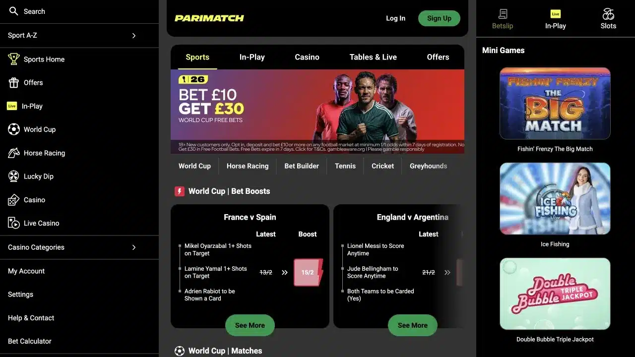 Parimatch UK homepage showing the World Cup sportsbook, casino navigation and welcome offer