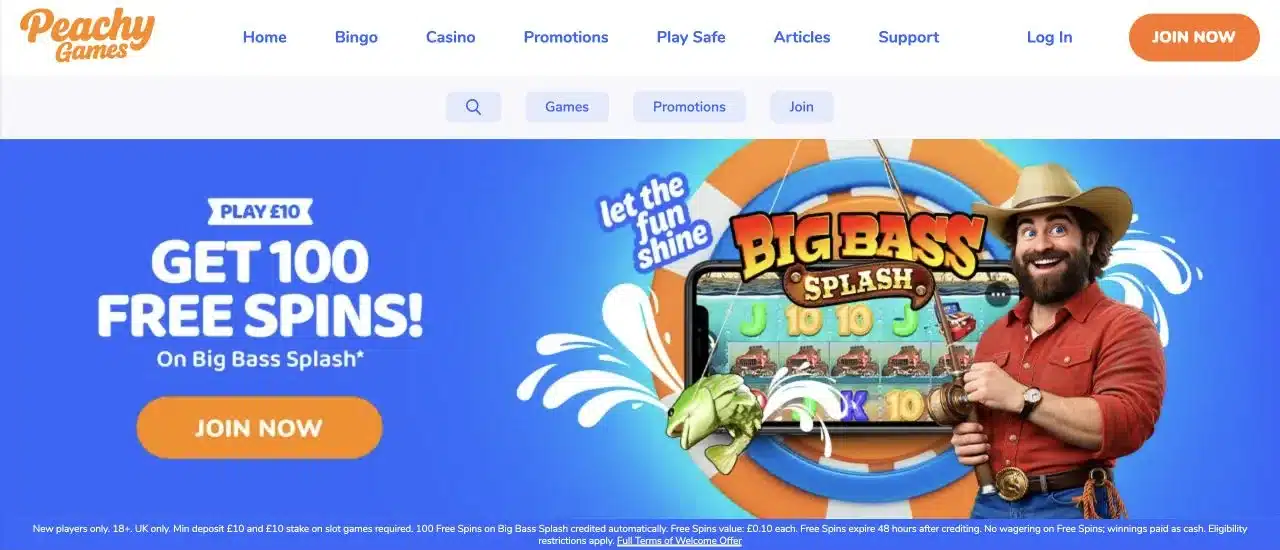 Peachy Games UK homepage showing its current Big Bass Splash welcome offer