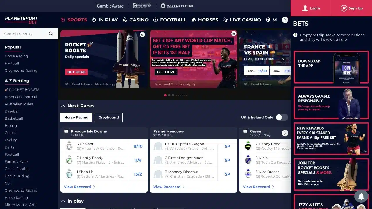 Planet Sport Bet homepage showing the sportsbook, current promotions and account buttons