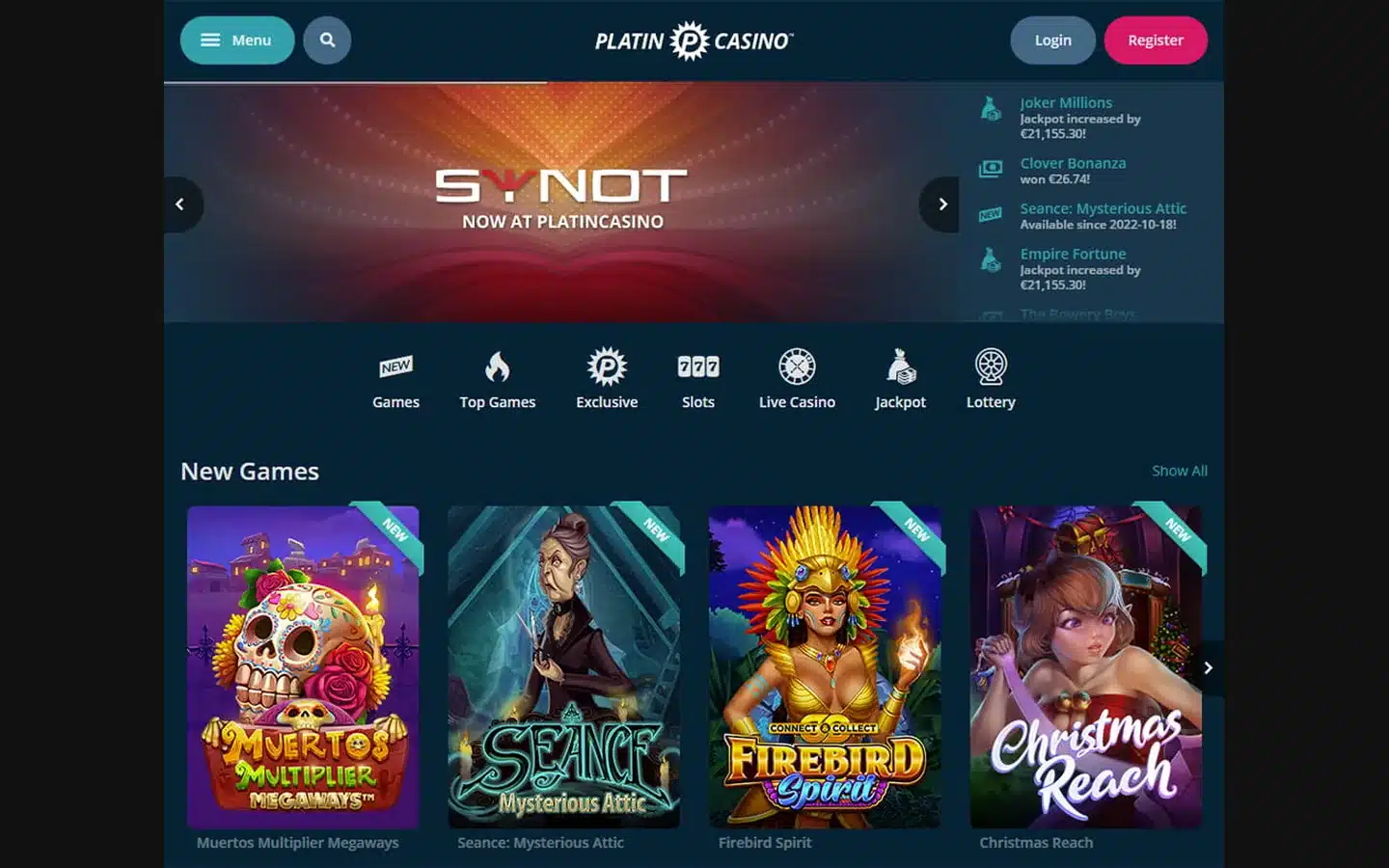 platincasino.co.uk homepage screenshot