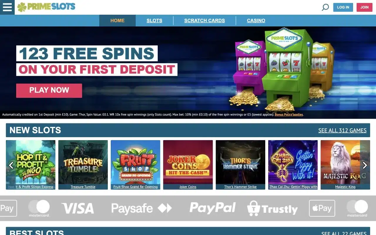 Prime Slots homepage showing the current 123 free spins welcome offer and slots lobby