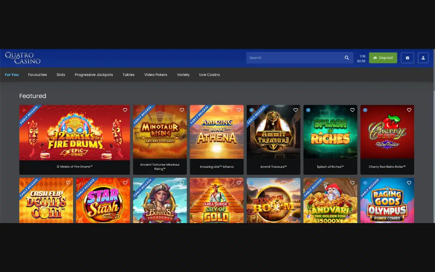 Quatro Casino homepage screenshot