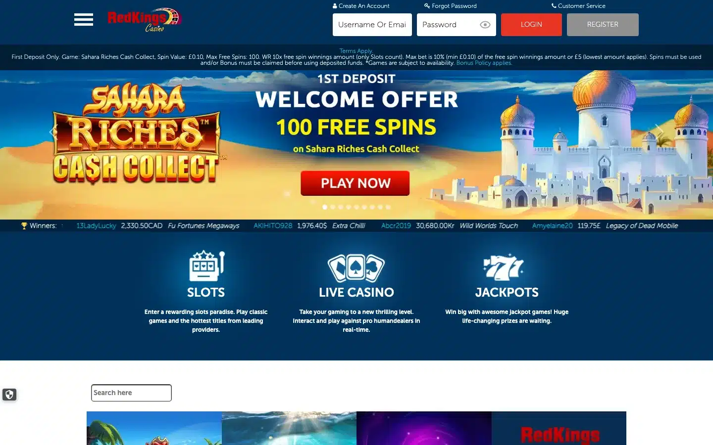 Clean Red Kings homepage showing complete navigation, login controls and the current 100 free spins offer