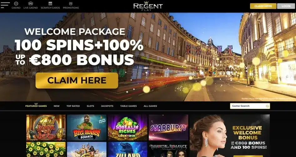 Clean historical Regent Play homepage with complete navigation, account controls and welcome banner