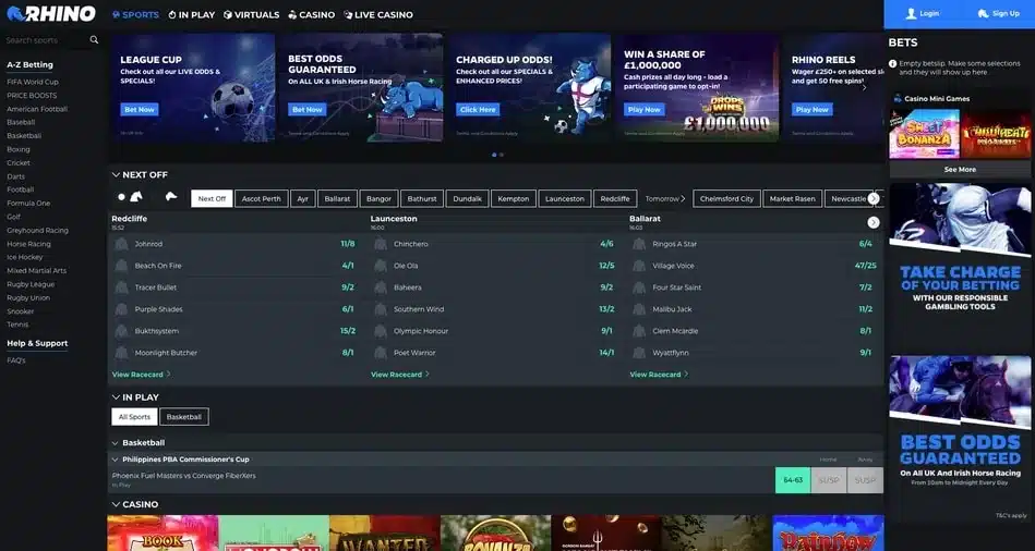 Clean archive screenshot of the former Rhino Bet sportsbook with its full logo, navigation and betting markets