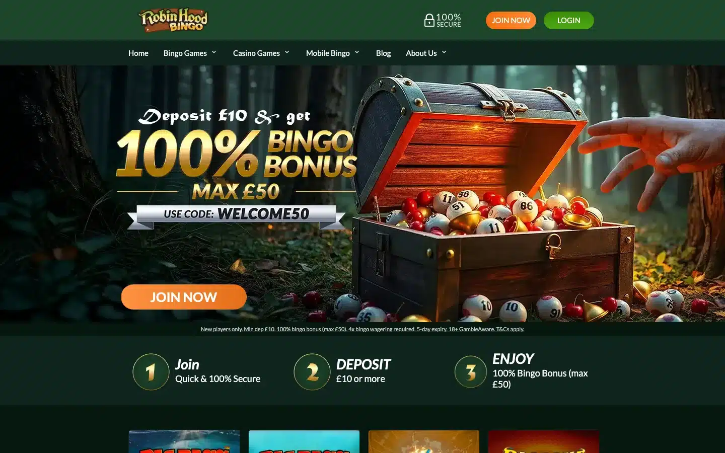 Clean current Robin Hood Bingo homepage showing the complete logo, login and join buttons and WELCOME50 bingo offer without a cookie bar or popup