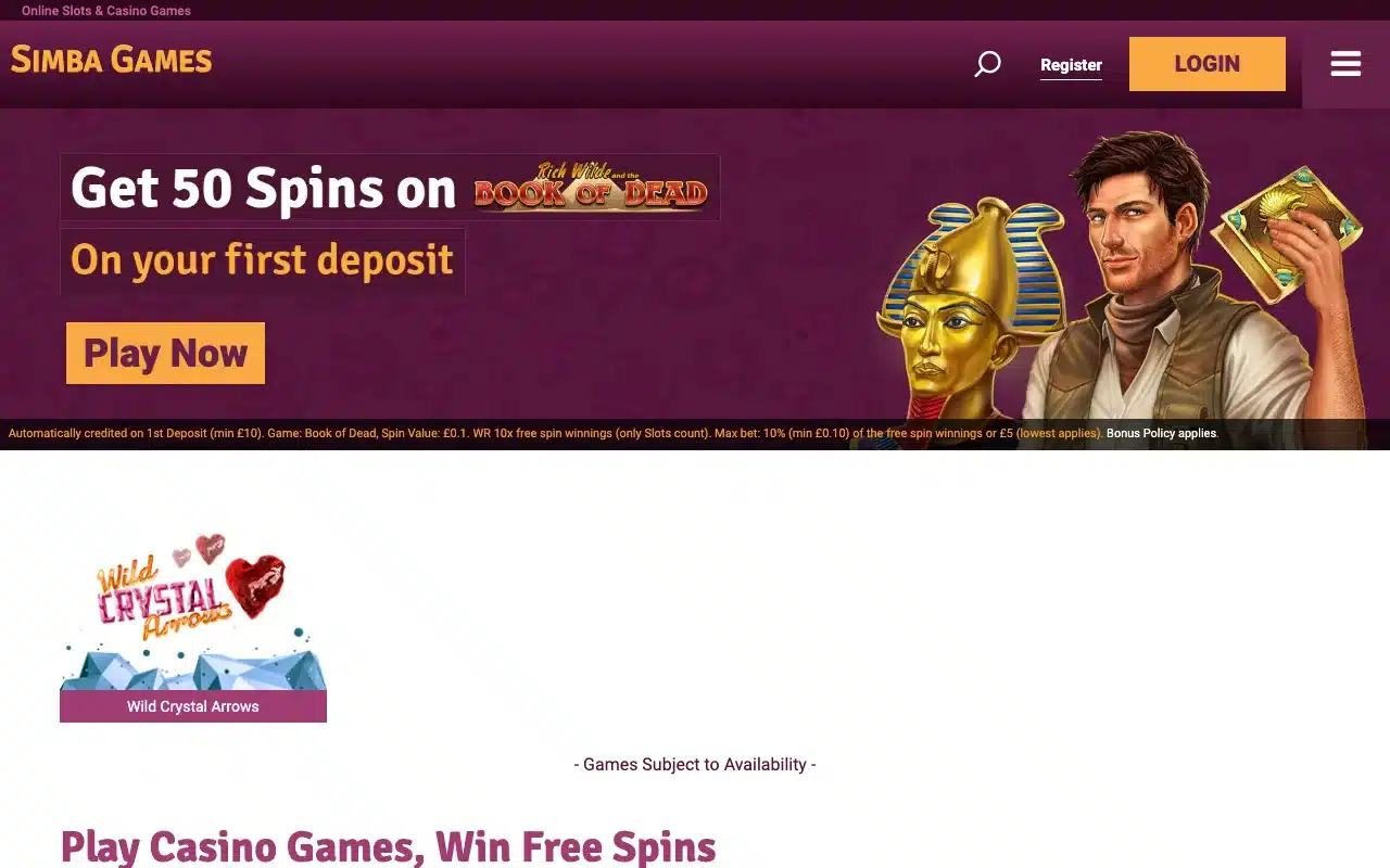 Clean Simba Games UK homepage showing the complete logo, account controls and current 50-spin offer