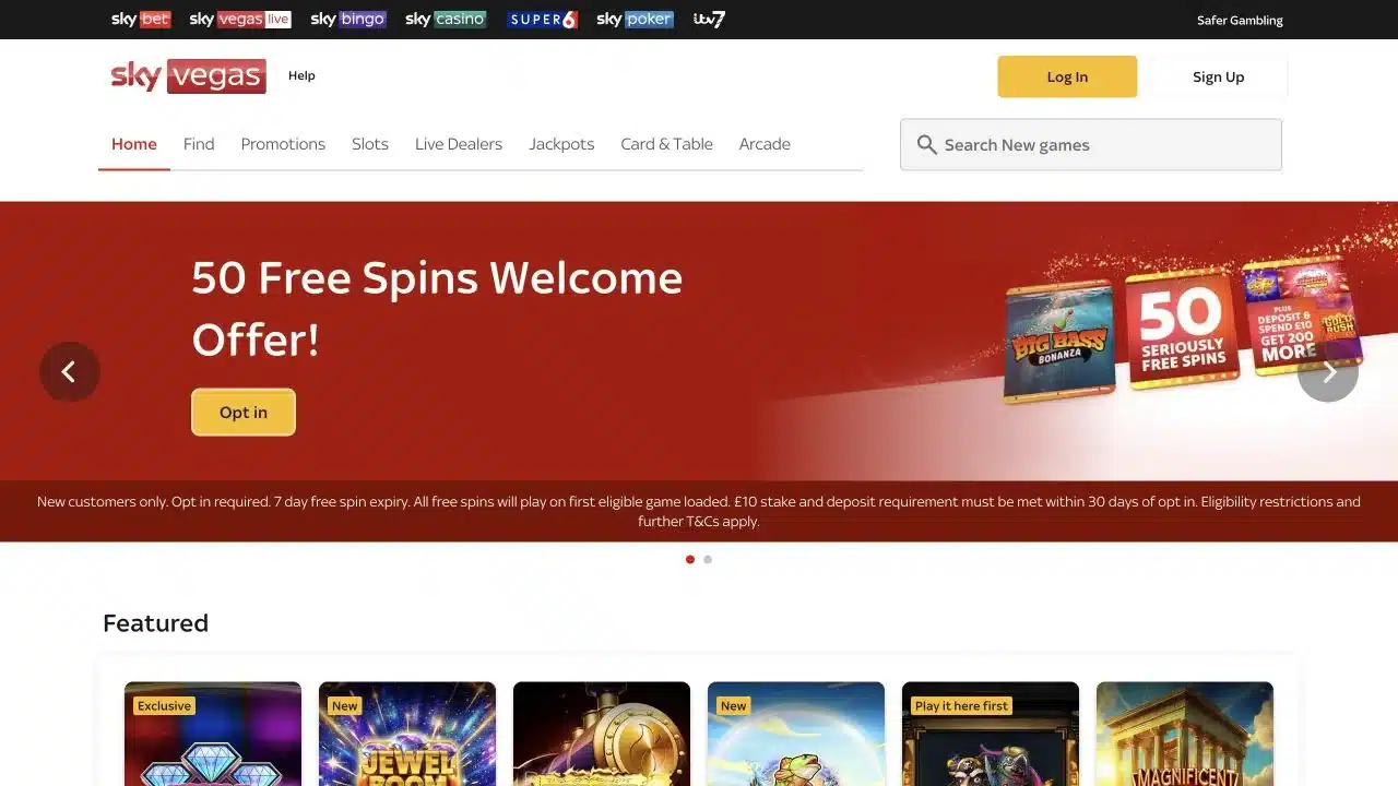 Sky Vegas UK homepage showing the current 50 free spins offer