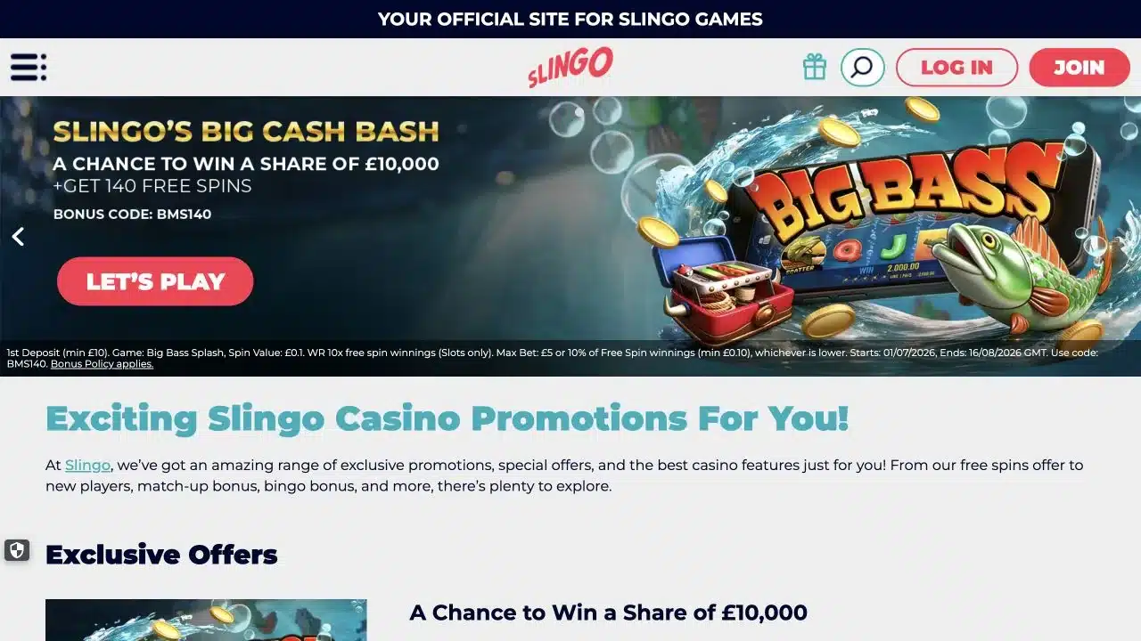 Slingo promotions page showing the current Big Cash Bash offer
