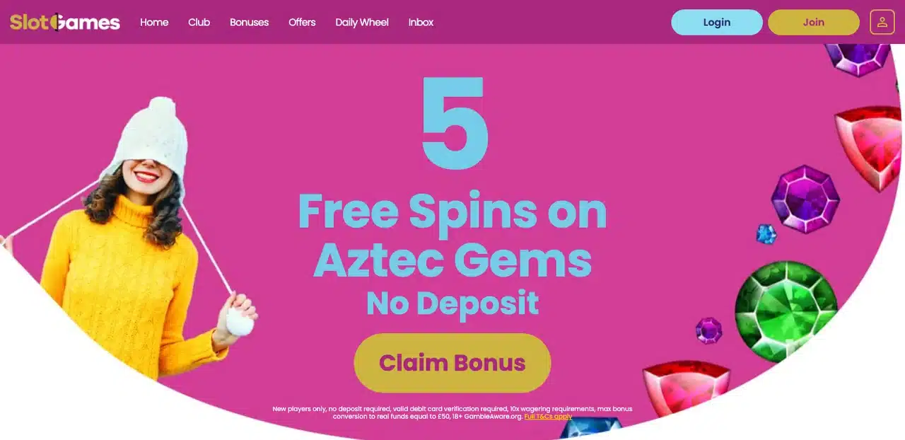 Clean current Slot Games homepage with complete logo, navigation, login, join button and five free spins offer without cookie bars or popups