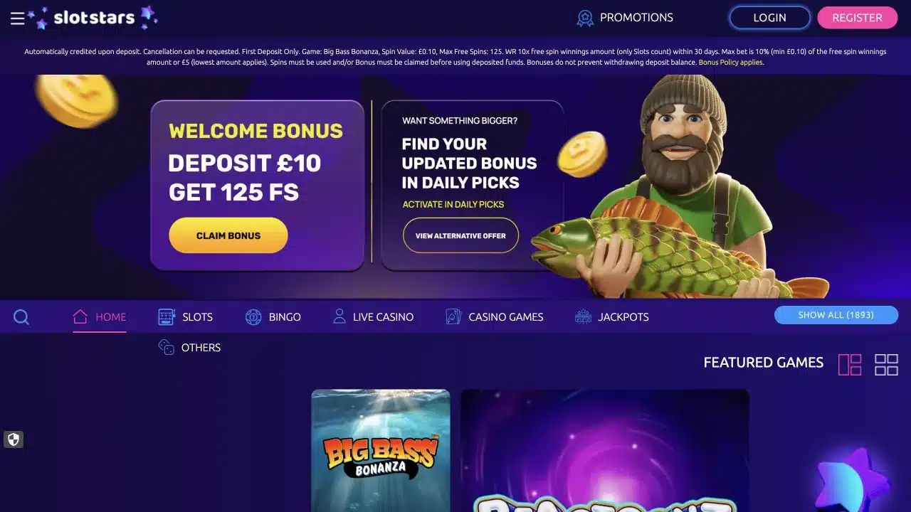 Slot Stars UK homepage showing the current 125 free spins offer and casino navigation