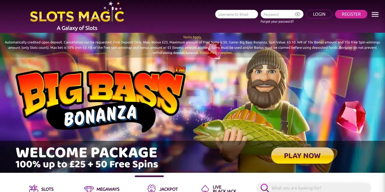 Slots Magic UK homepage showing the current Big Bass Bonanza welcome package