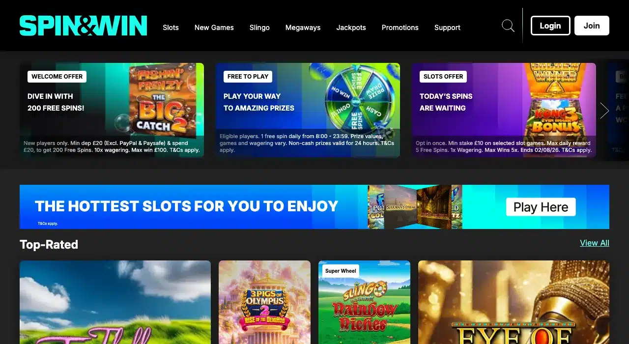 Clean Spin and Win homepage showing the complete logo, login and join buttons and current 200-spin offer