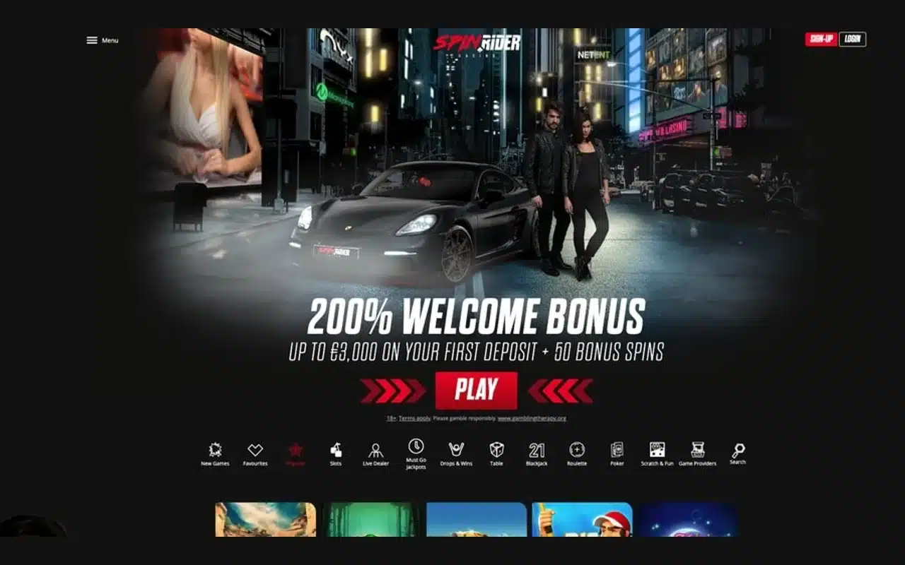 Clean Spin Rider night-city homepage with complete branding, account controls and casino lobby