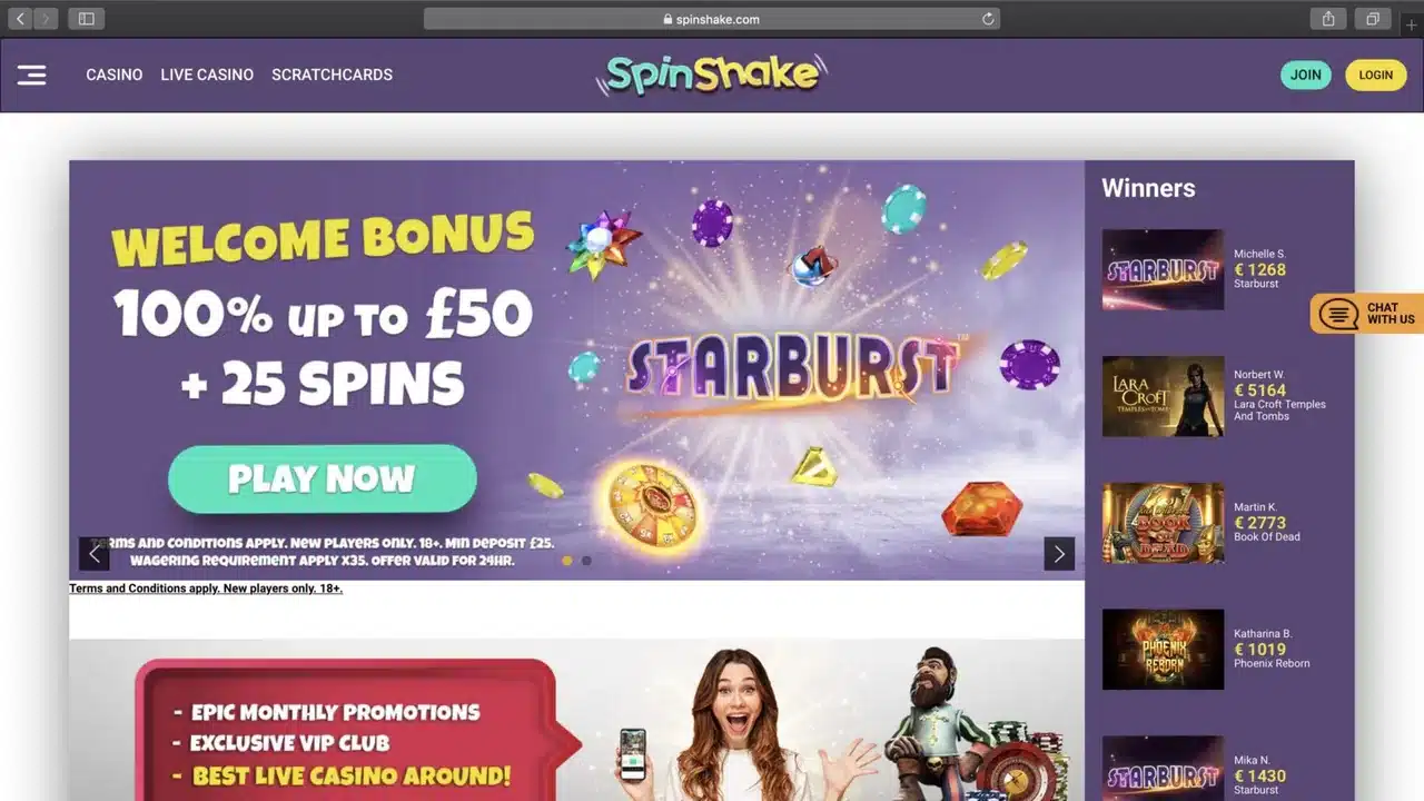 Clean historical Spin Shake homepage with complete branding, navigation, account buttons and welcome banner visible without cookie overlays