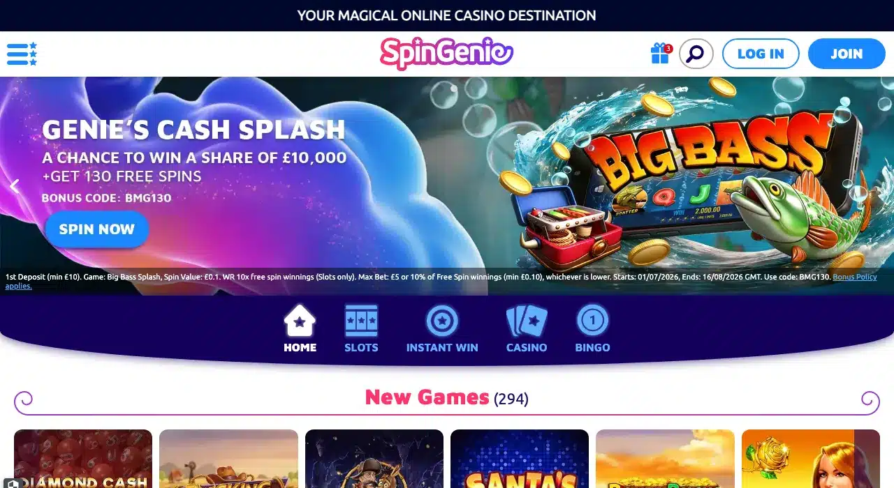 Clean SpinGenie homepage showing the complete logo, account buttons and current Cash Splash offer