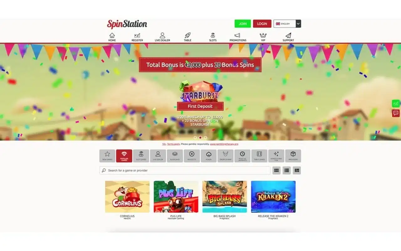 Clean historical Spinstation homepage with full branding, account controls and game lobby