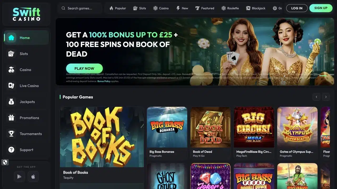 Swift Casino UK homepage showing the current welcome offer and games lobby