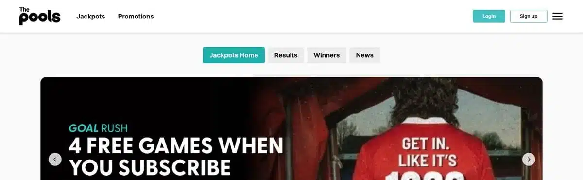 Clean current The Pools homepage showing Jackpot navigation and the Goal Rush subscription offer
