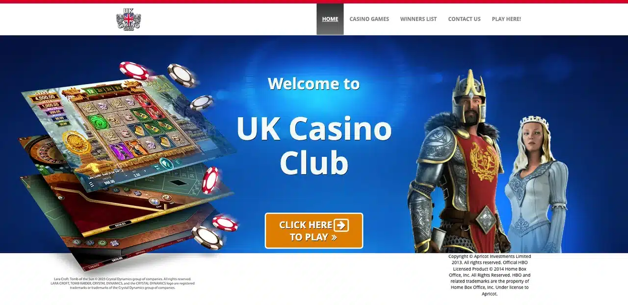 Clean current UK Casino Club homepage with the full logo, navigation and play button visible without cookie bars or popups