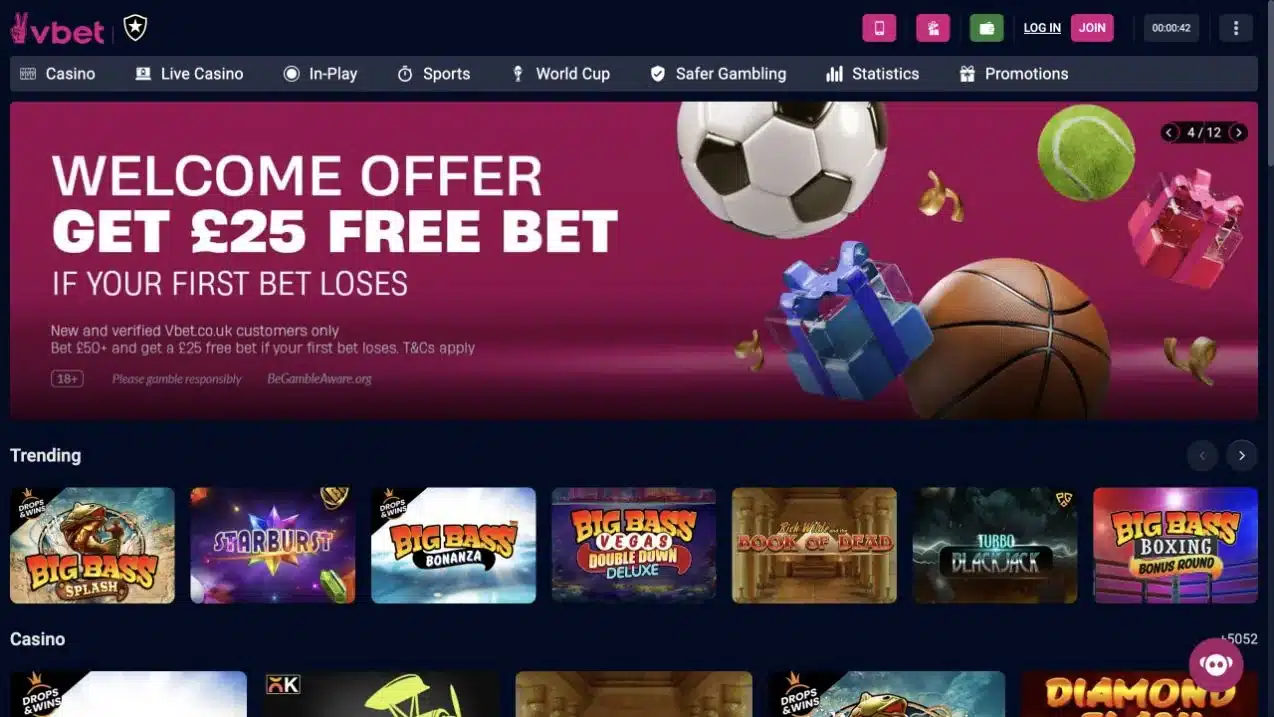 VBet UK homepage showing the current sportsbook welcome offer and casino lobby