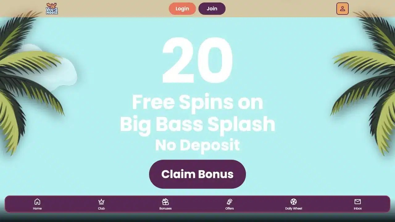 Vegas Moose homepage showing the current no-deposit spins offer and account buttons