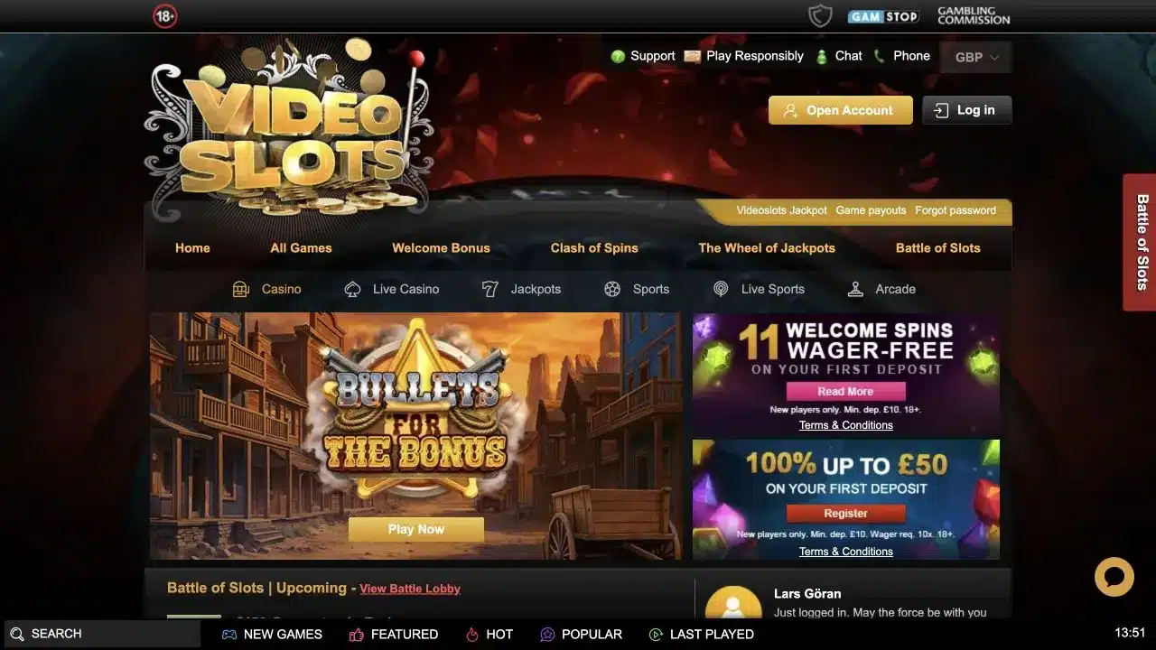 Video Slots live casino homepage screenshot