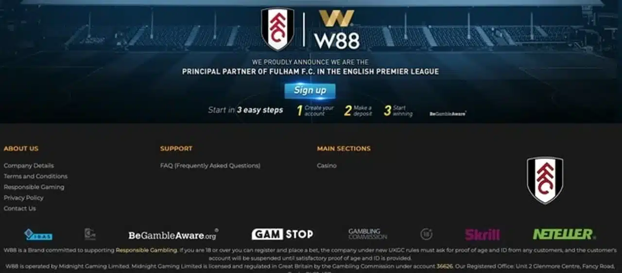 Historical W88 UK homepage showing its former Fulham sponsorship and casino navigation