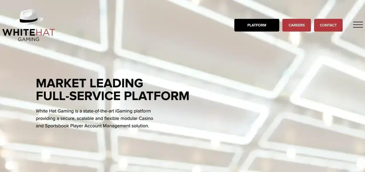 White Hat Gaming platform homepage showing its casino and sportsbook account-management service
