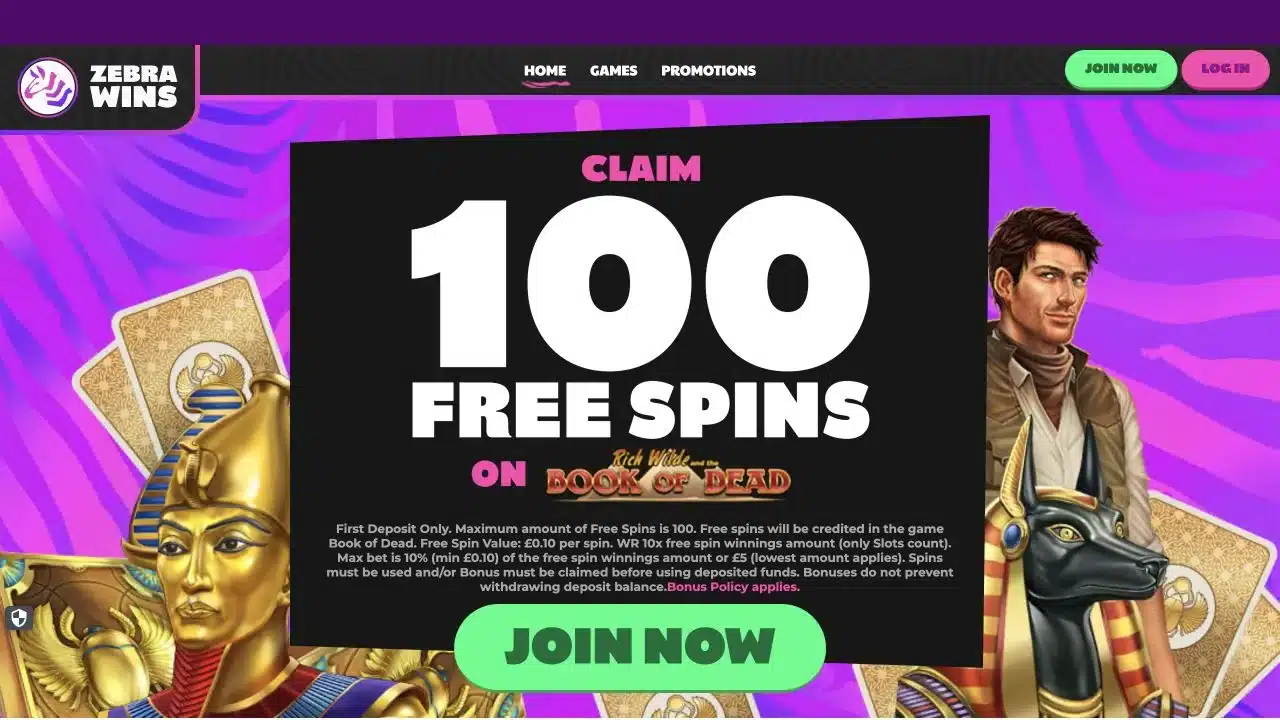 Zebra Wins UK homepage showing the logo, navigation and current Book of Dead welcome offer