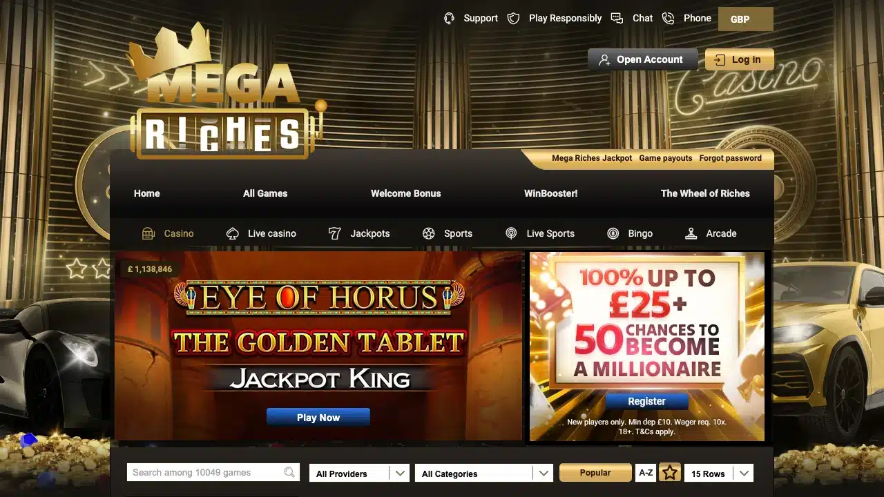 Mega Riches casino homepage